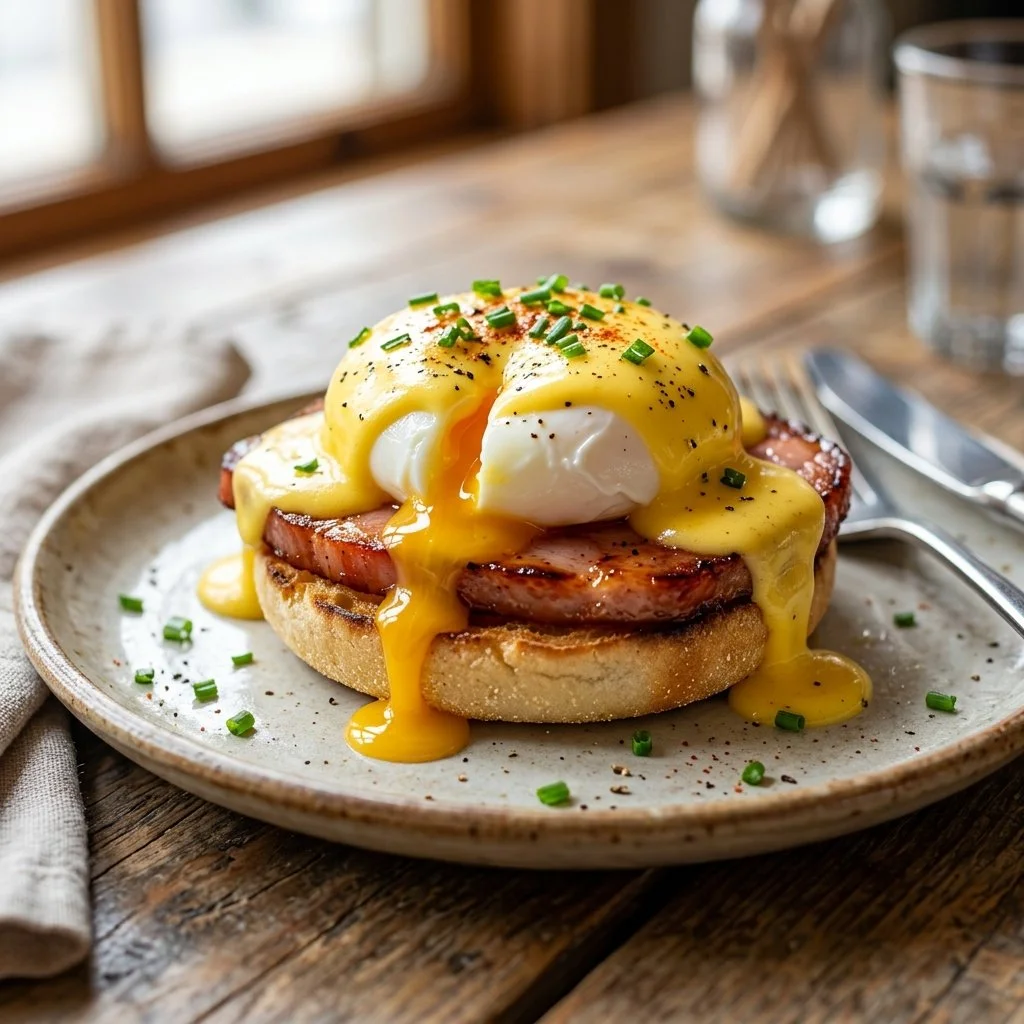 Delicious Eggs Benedict with poached eggs and hollandaise sauce on English muffin