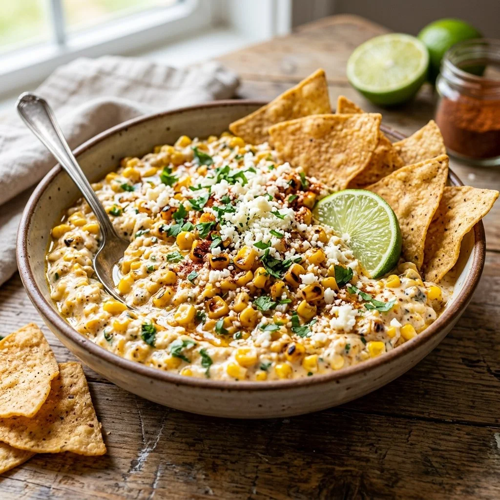 Creamy Elote Corn Dip in a bowl with toppings ready to serve