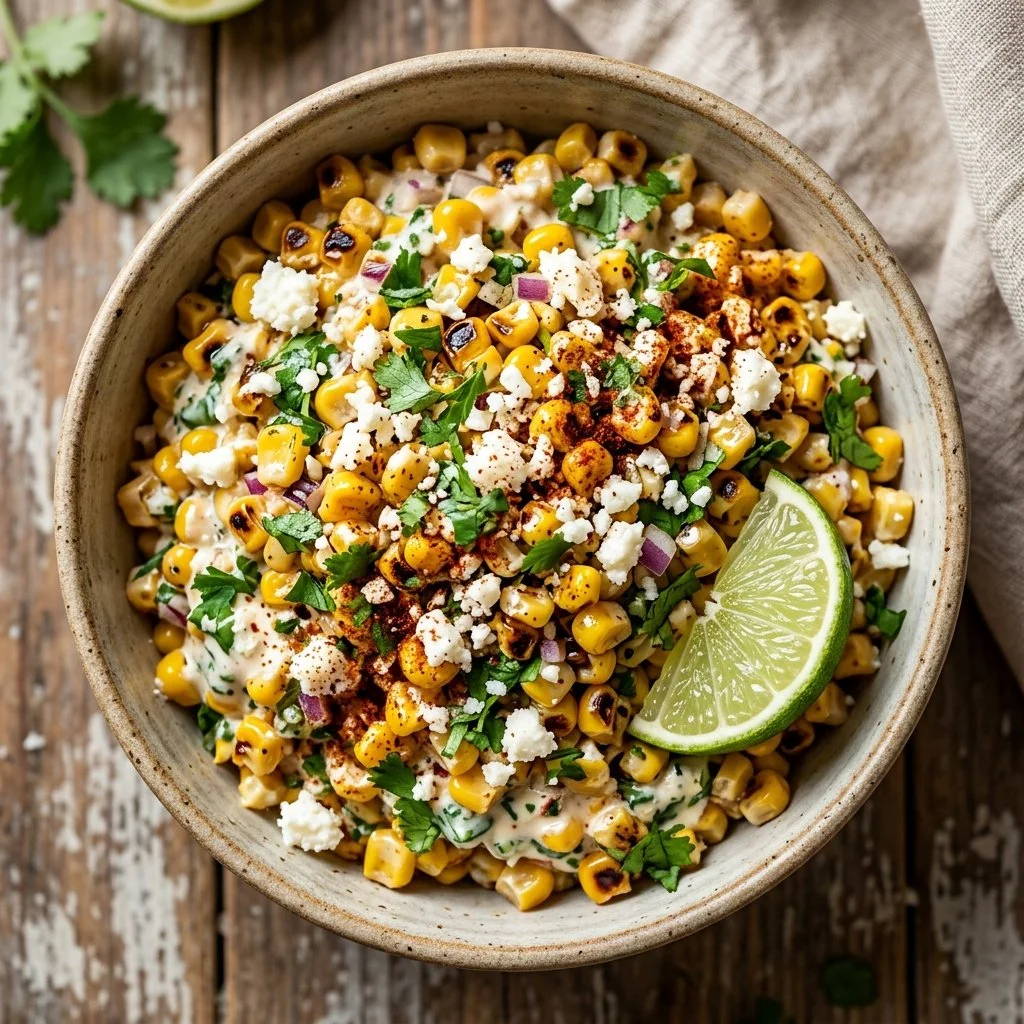 Delicious elote corn salad with fresh ingredients and toppings