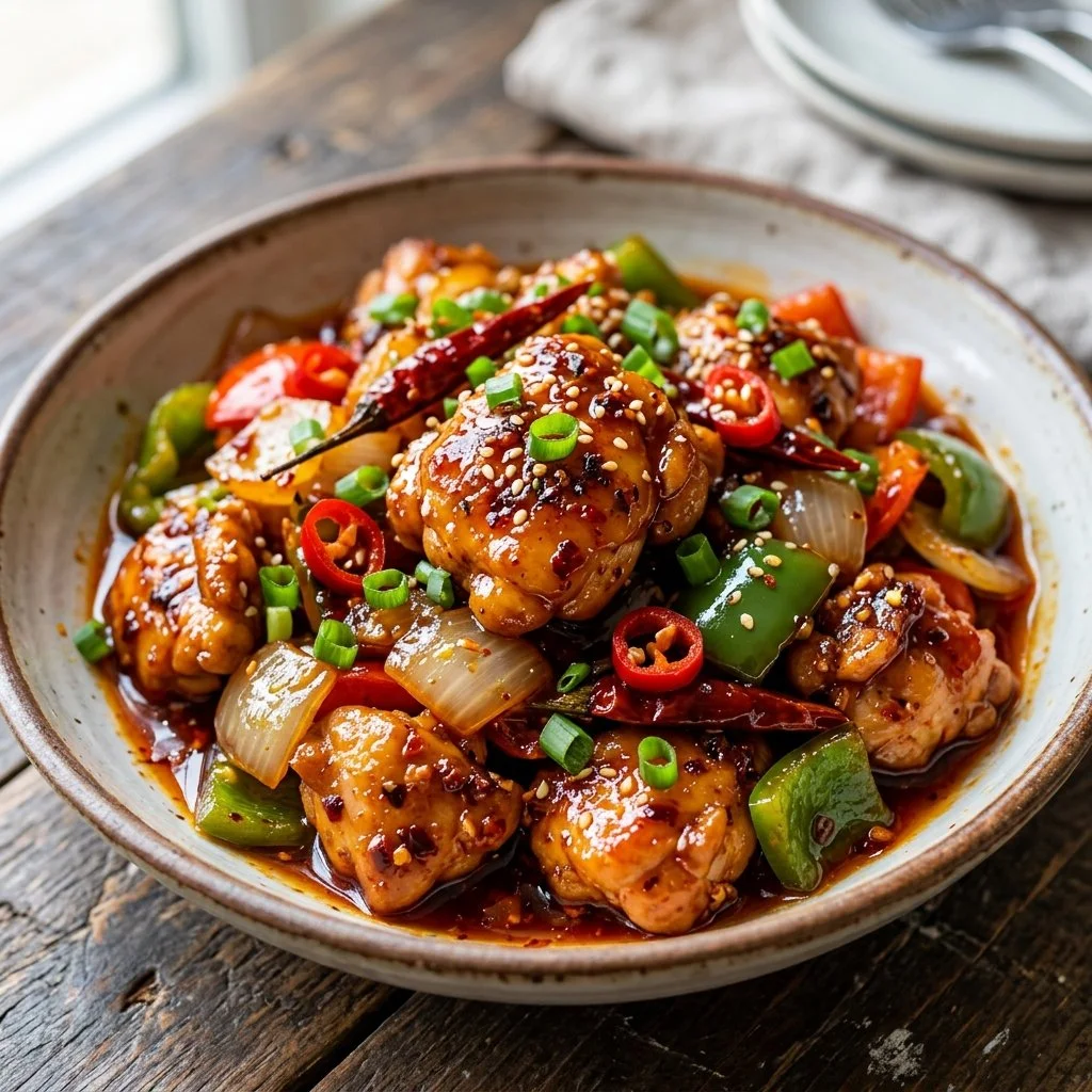 Delicious plate of Firecracker Chicken garnished and ready to serve