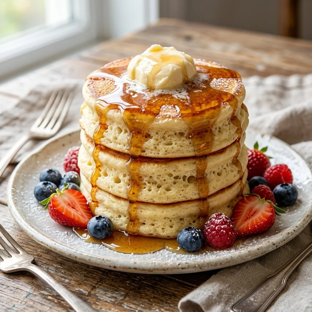 Fluffy Japanese pancakes stacked high, topped with syrup and fruits.