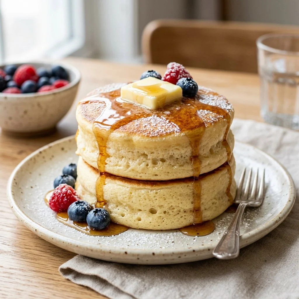 Fluffy Japanese pancakes served on a plate with syrup and berries