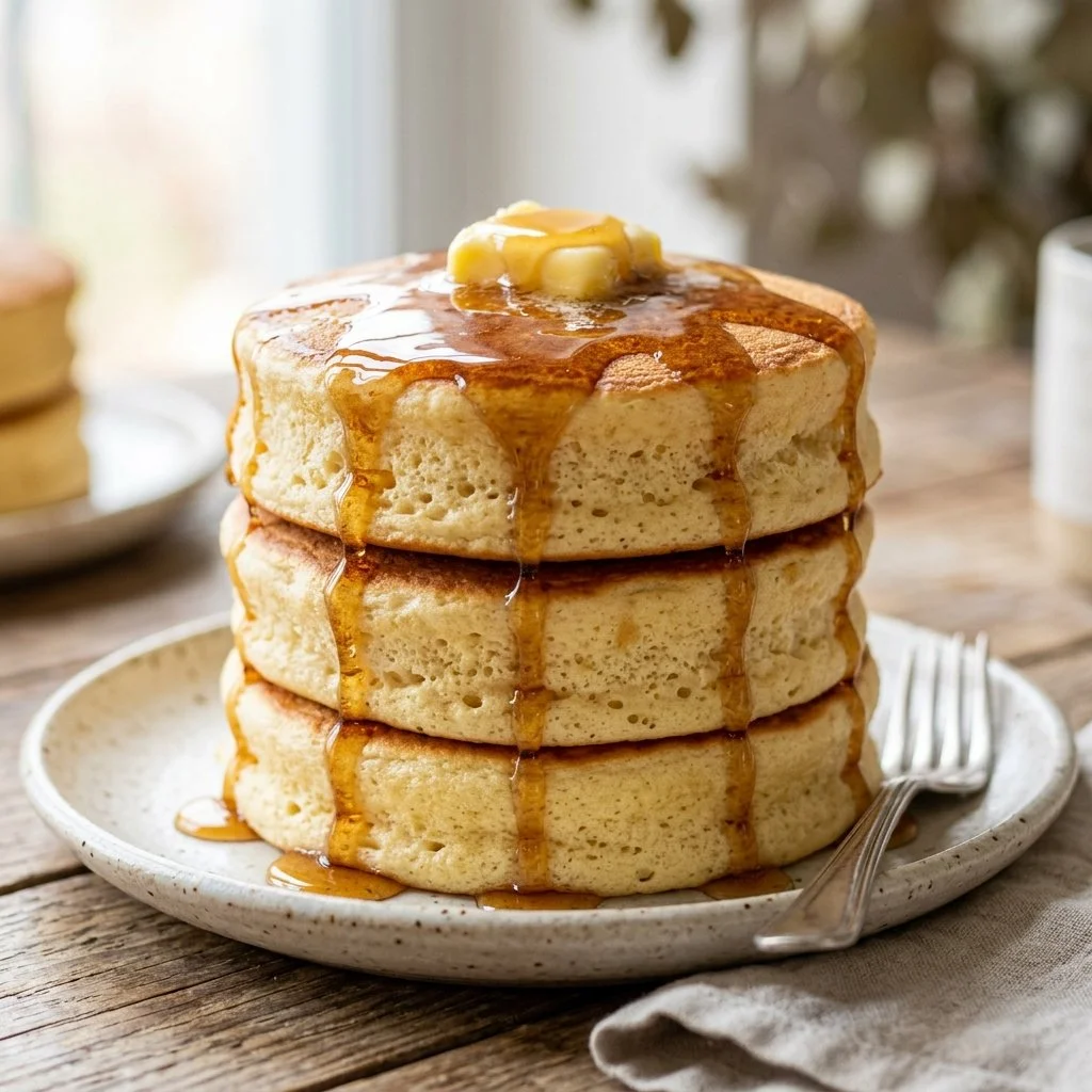 Delicious fluffy Japanese pancakes stacked on a plate with syrup and fruit