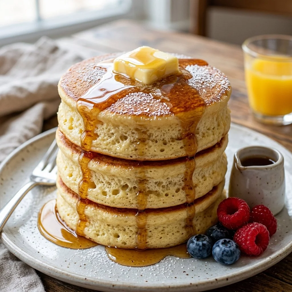 Fluffy Japanese pancakes stacked and topped with syrup and fruit.