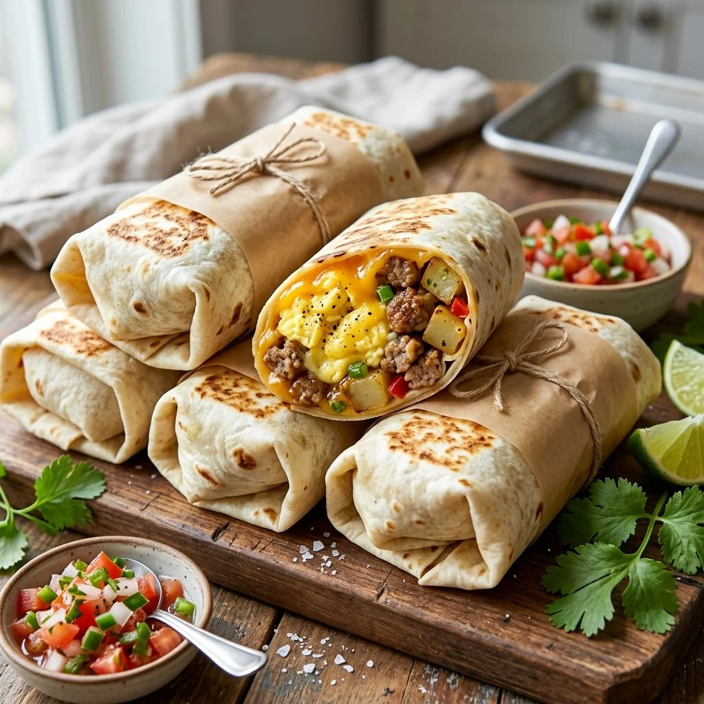 Delicious freezer breakfast burritos ready to heat and eat.