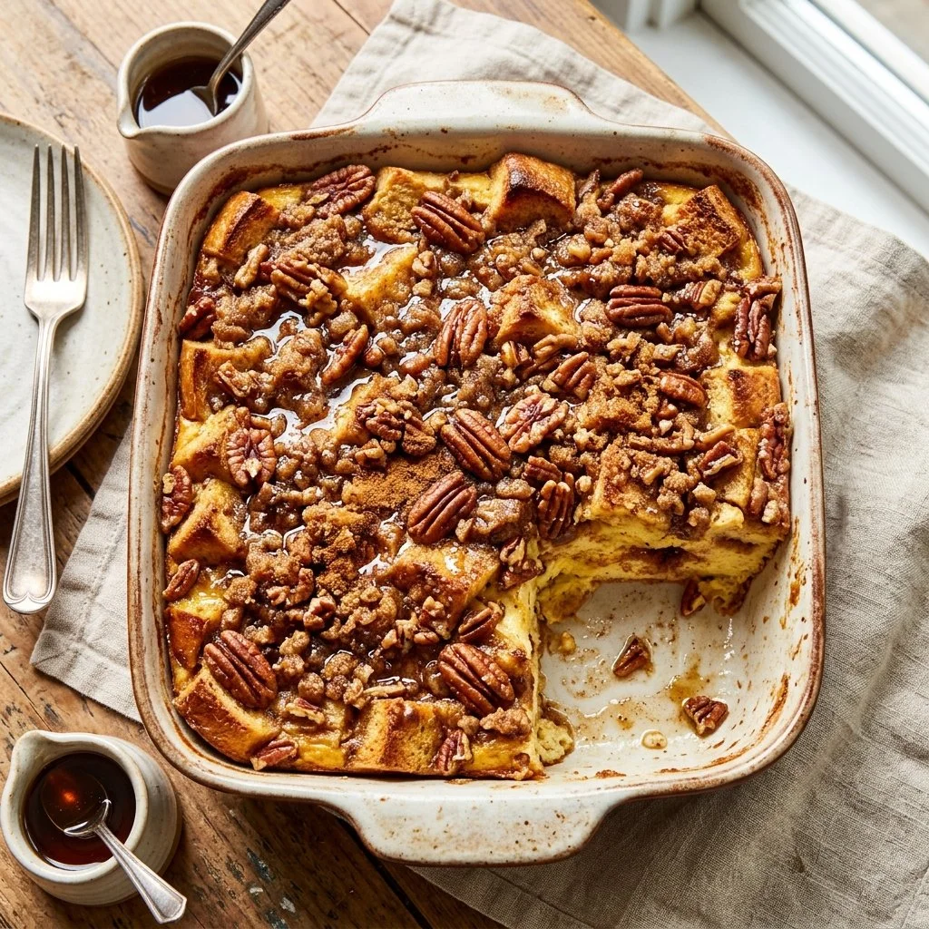 Delicious French toast casserole baked with cinnamon and maple syrup