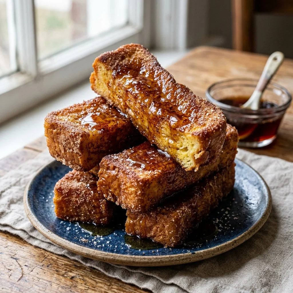 Delicious homemade French Toast Sticks served with syrup