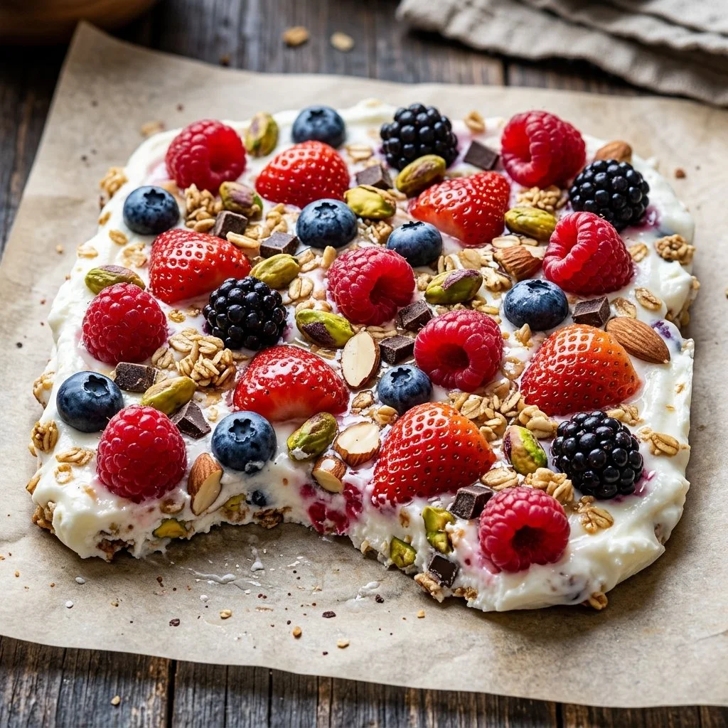 Delicious frozen yogurt bark topped with fresh fruits and nuts