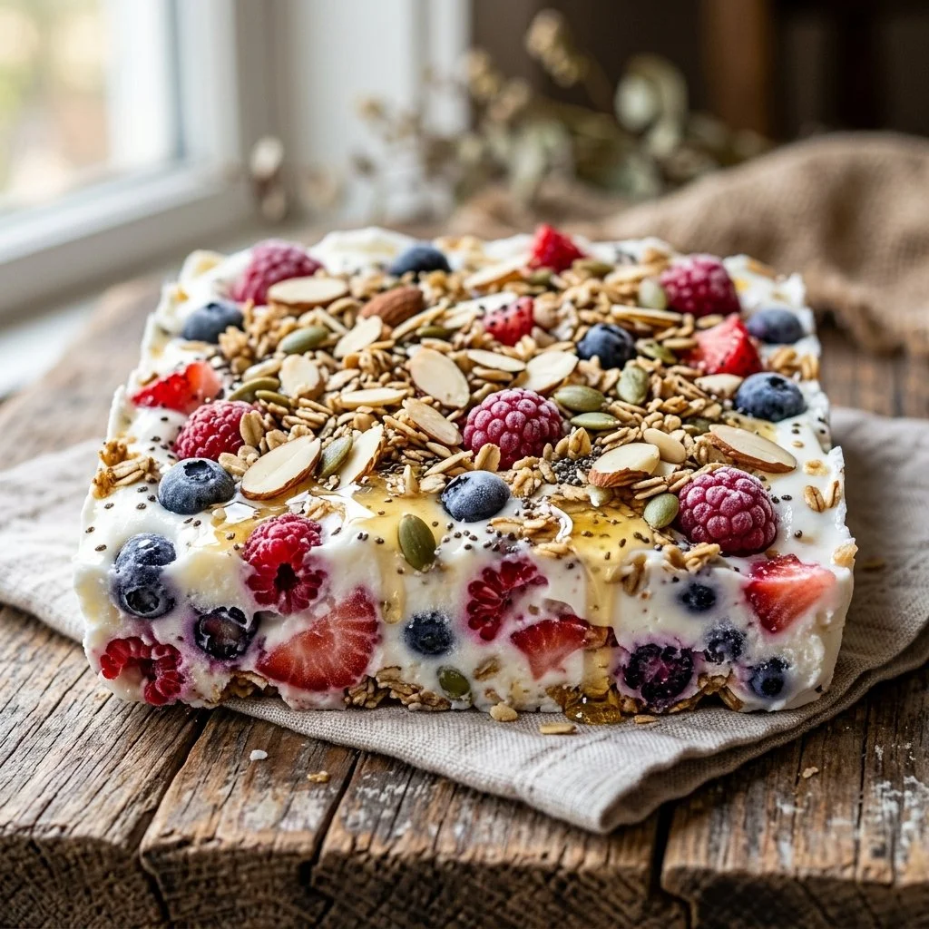 Delicious frozen yogurt bark topped with colorful fruits and nuts