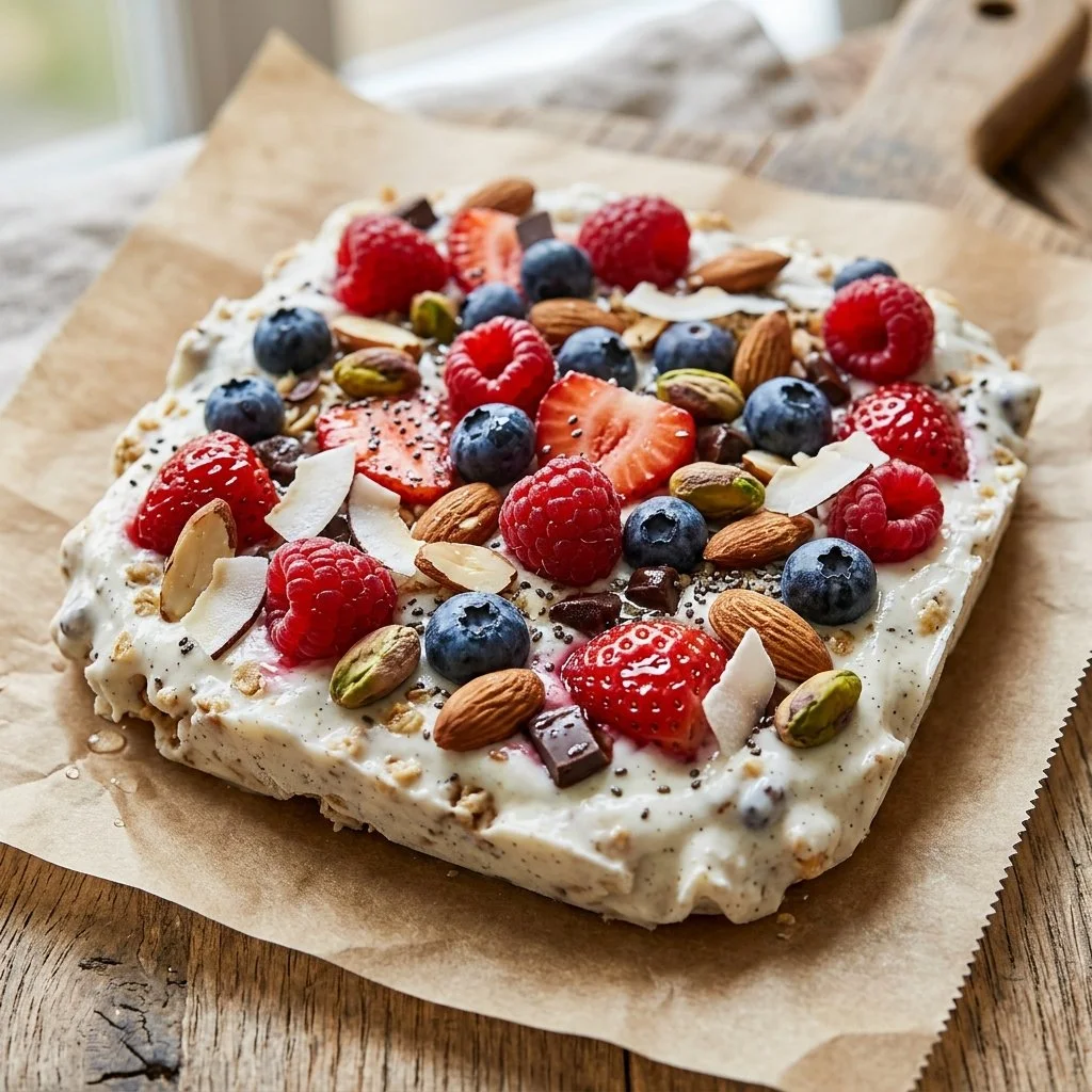 Delicious frozen yogurt bark topped with fruits and nuts