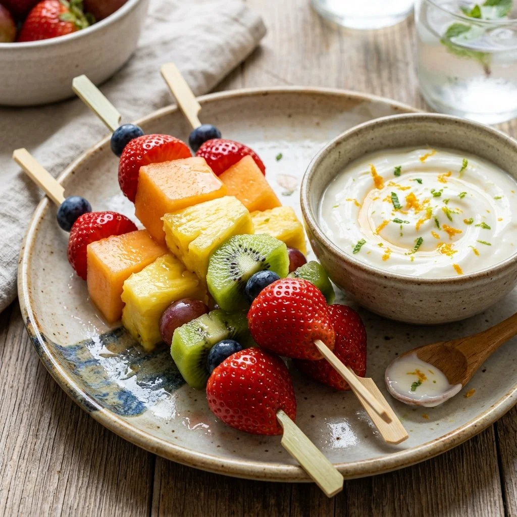 Colorful fruit kabobs with a creamy dip on a wooden table