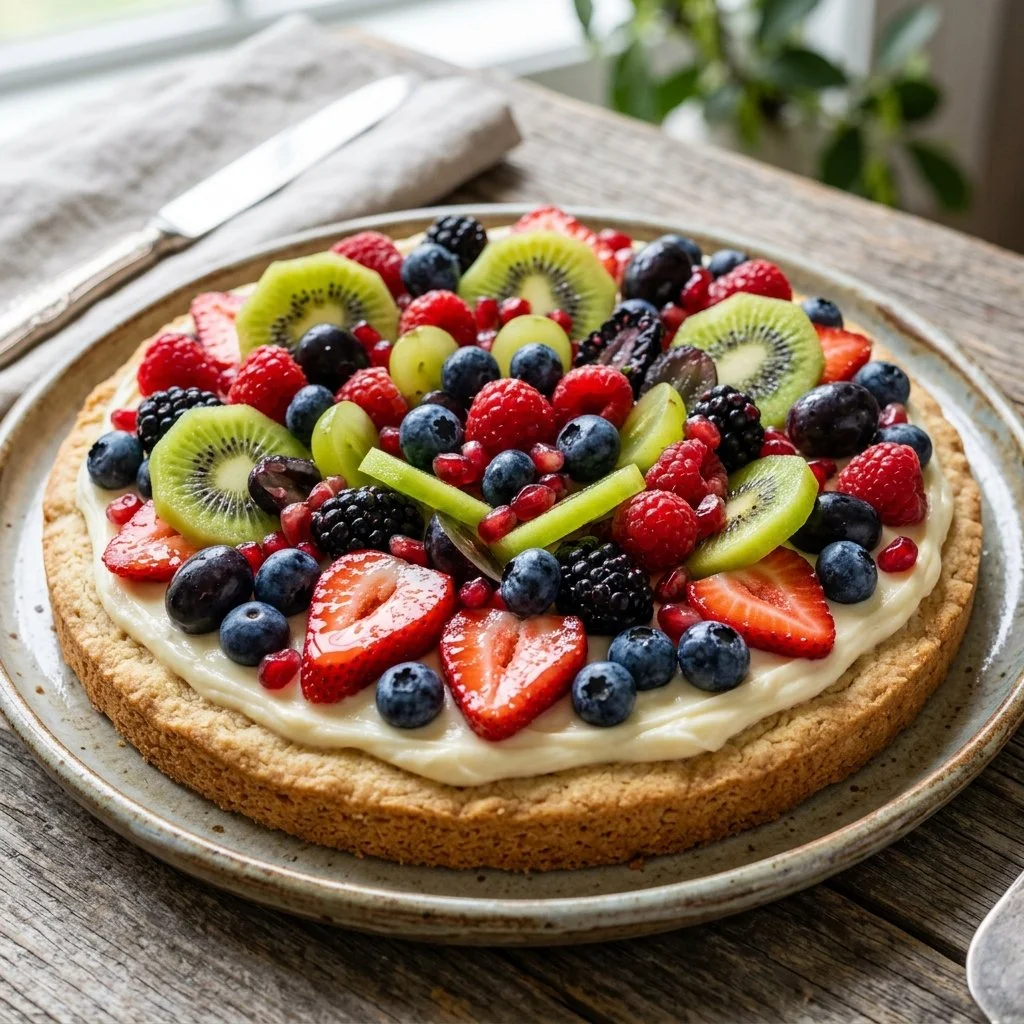 Colorful fruit pizza topped with a variety of fresh fruits and creamy frosting