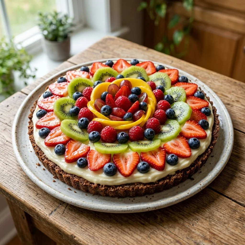 Colorful fruit pizza topped with fresh fruits and creamy frosting