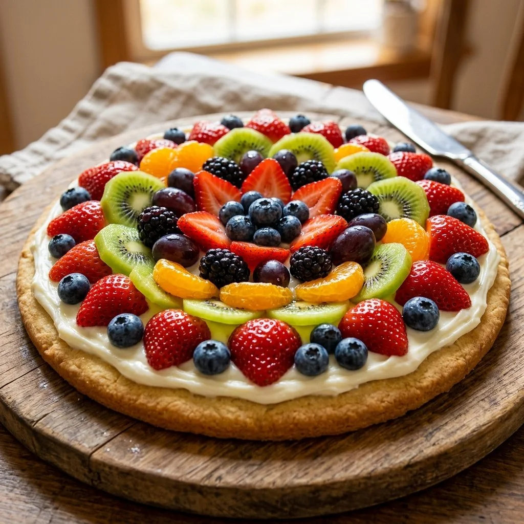 Colorful fruit pizza topped with strawberries, kiwis, and blueberries on a sweet crust.