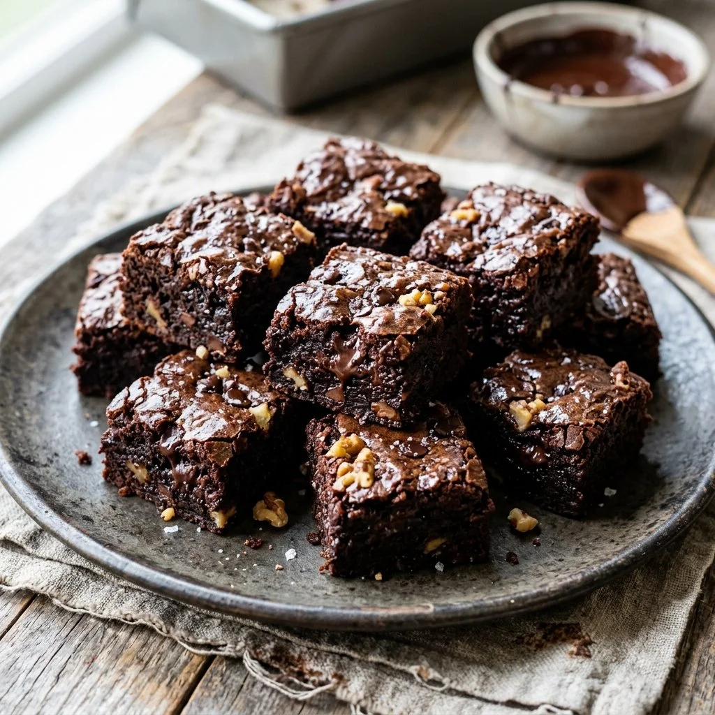 Decadent fudgy brownie bites on a plate, topped with chocolate chips