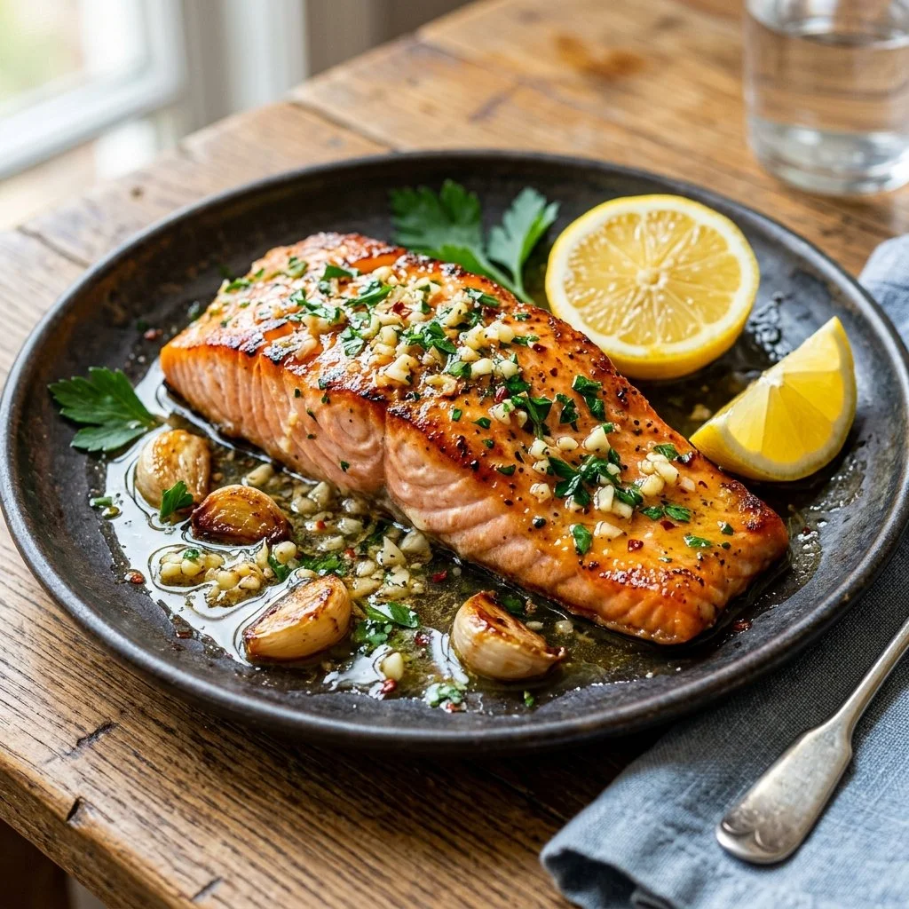 Delicious garlic butter salmon dish garnished with herbs