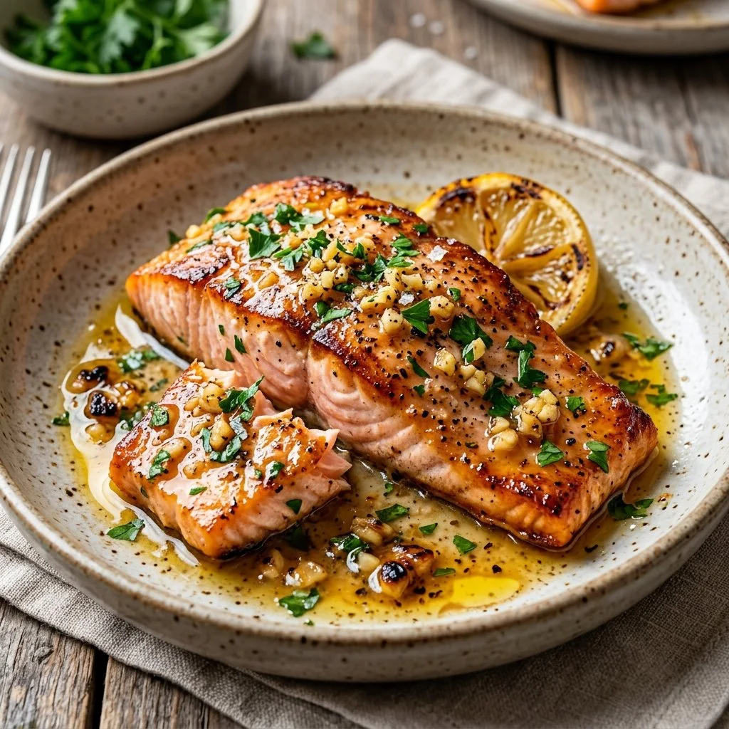 Deliciously cooked Garlic Butter Salmon served on a plate