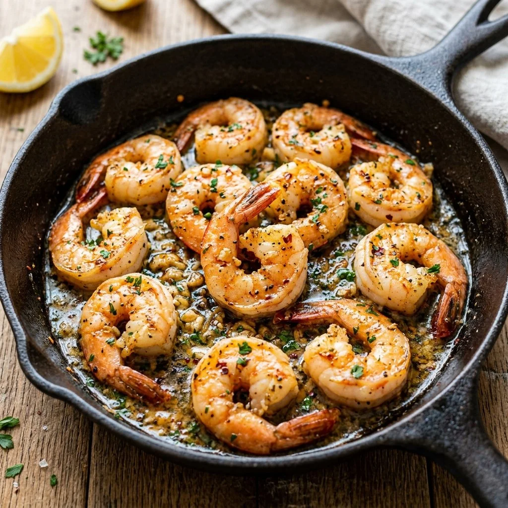 Delicious Garlic Butter Shrimp served with herbs and lemon.