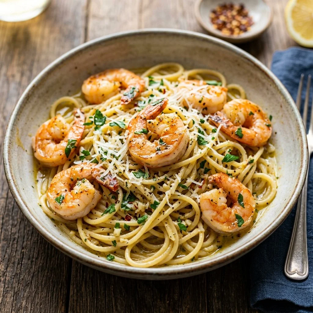 Plate of garlic butter shrimp pasta with herbs and parmesan cheese