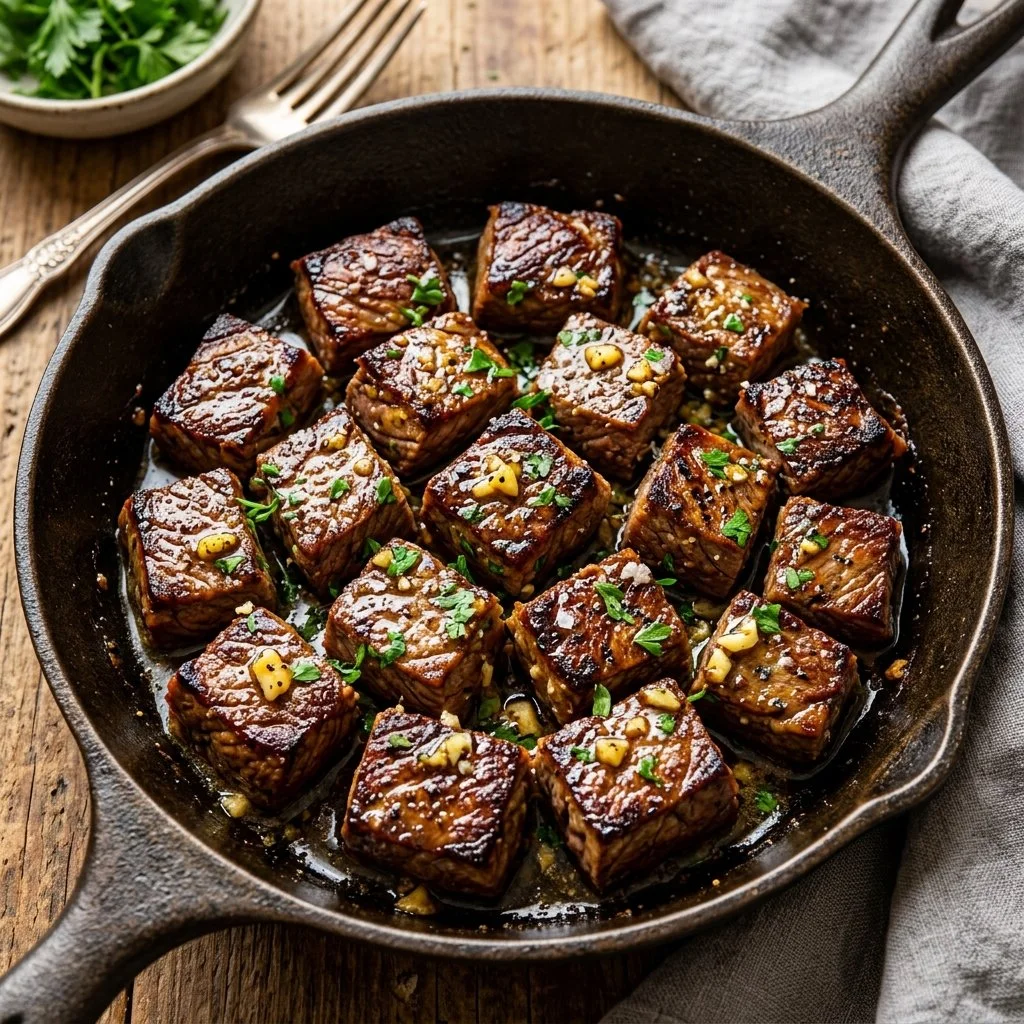 Garlic Butter Steak Bites sizzling in a pan with herbs and garlic.