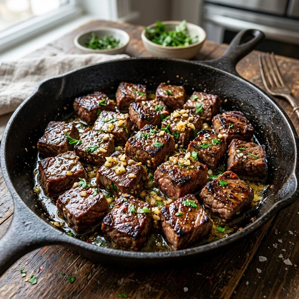 Juicy garlic butter steak bites served with herbs and spices.