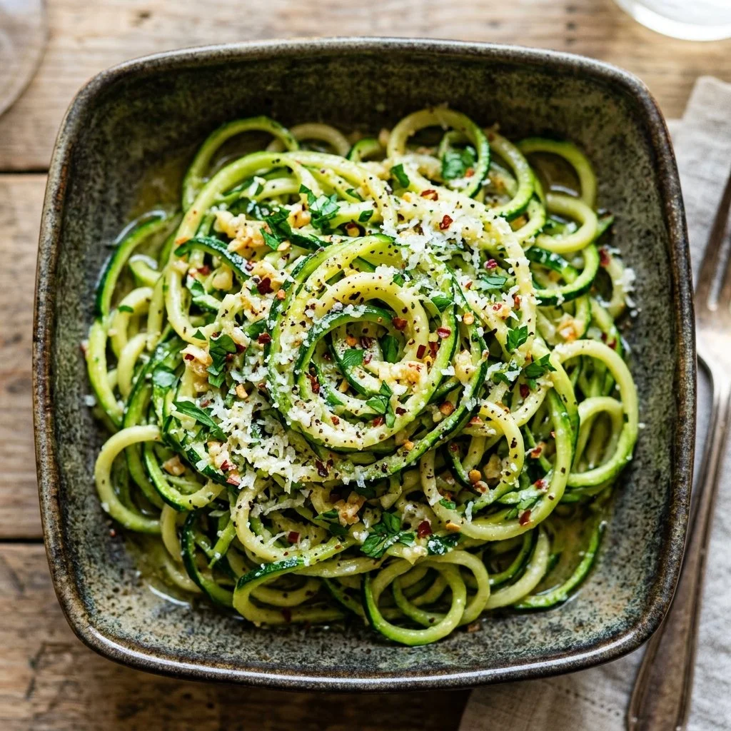 A bowl of garlic butter zucchini noodles garnished with fresh herbs.