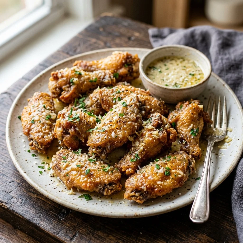 Crispy Garlic Parmesan Wings with a golden crust and flavorful seasoning