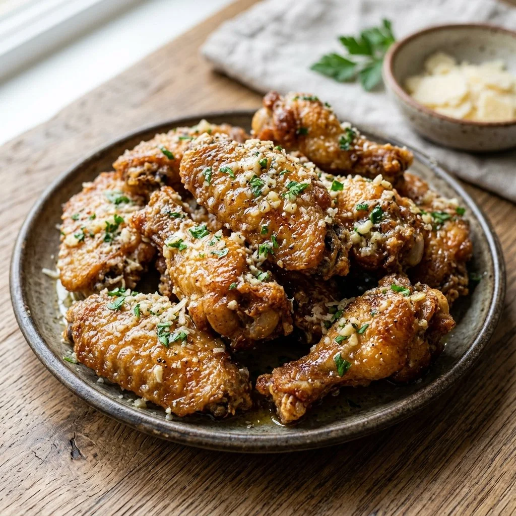 Plate of crispy Garlic Parmesan Wings garnished with herbs