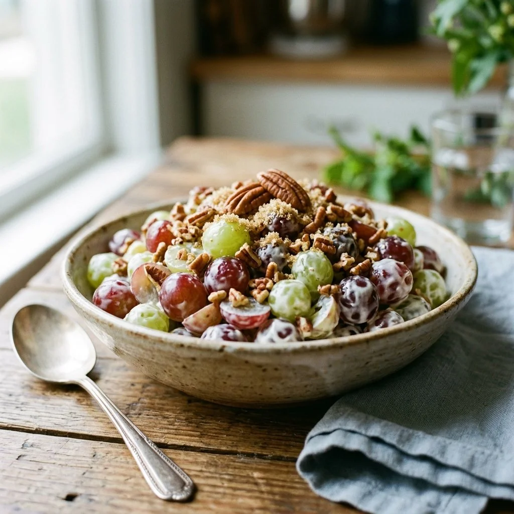 Delicious grape salad with pecans served in a bowl