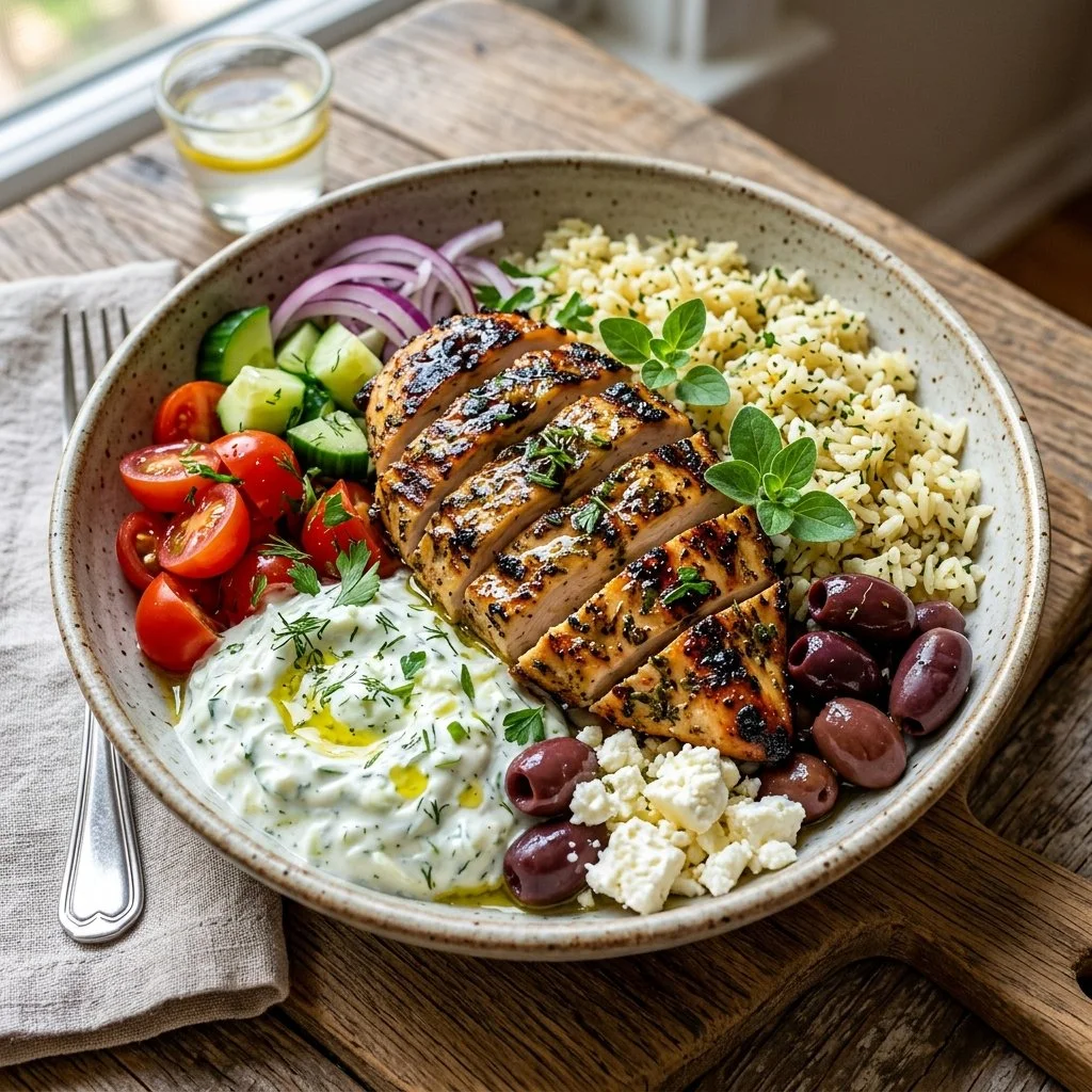 Delicious Greek chicken bowls filled with fresh vegetables and herbs.