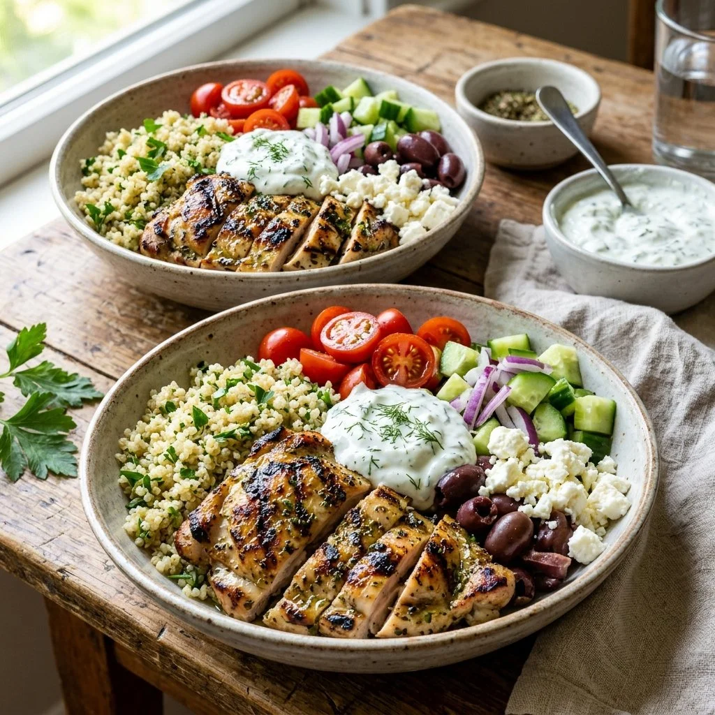 Colorful Greek chicken bowls with fresh vegetables and zesty sauce