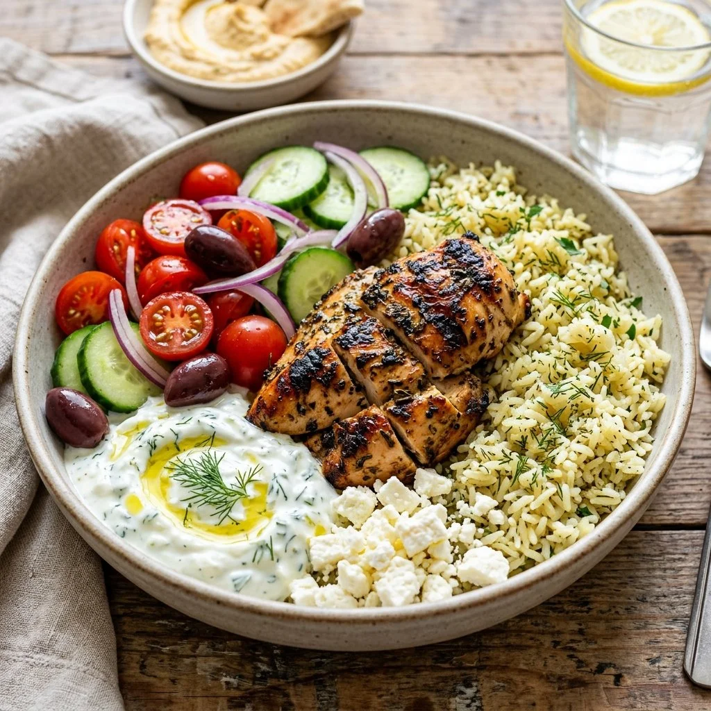 Delicious Greek Chicken Bowl with fresh vegetables and tzatziki sauce