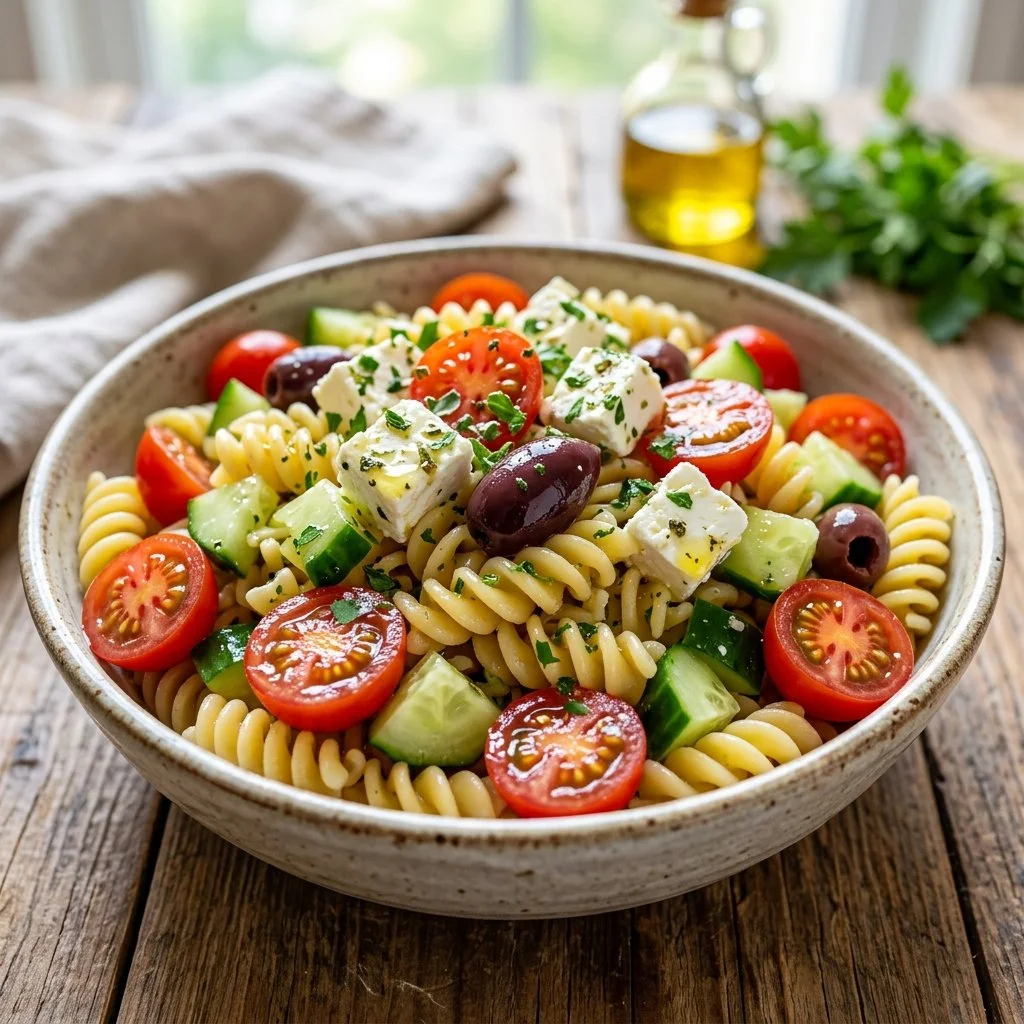Colorful Greek Pasta Salad with olives, feta, and fresh vegetables.