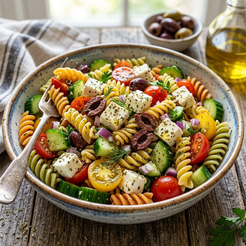 Bowl of colorful Greek Pasta Salad with olives, feta cheese, and fresh vegetables