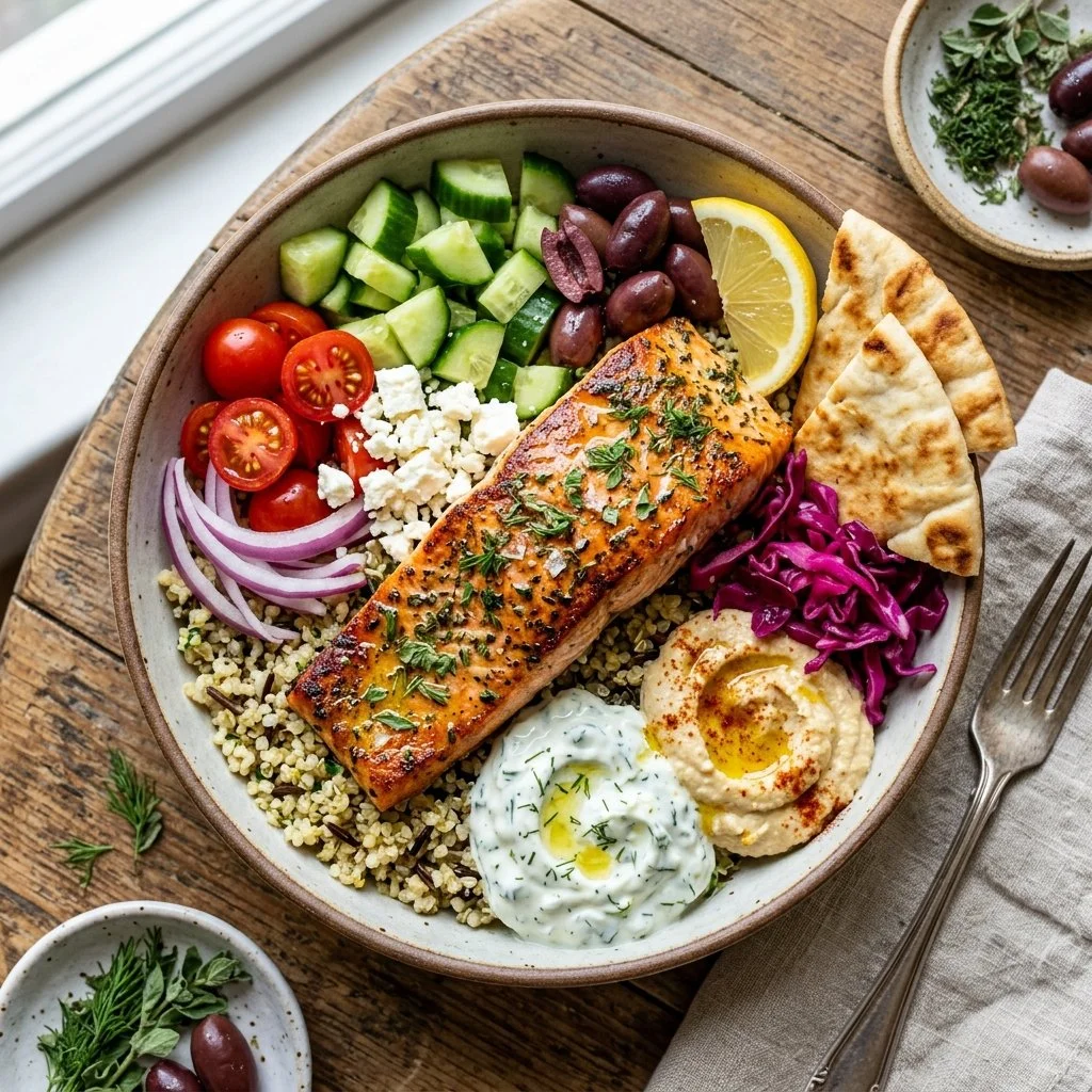 Delicious Greek salmon bowl featuring fresh ingredients and vibrant flavors