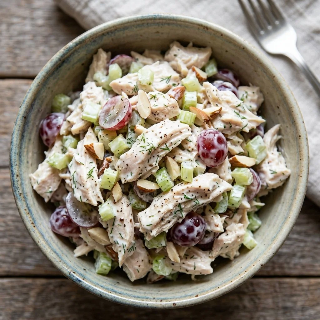 Creamy Greek yogurt chicken salad served in a bowl with fresh vegetables.