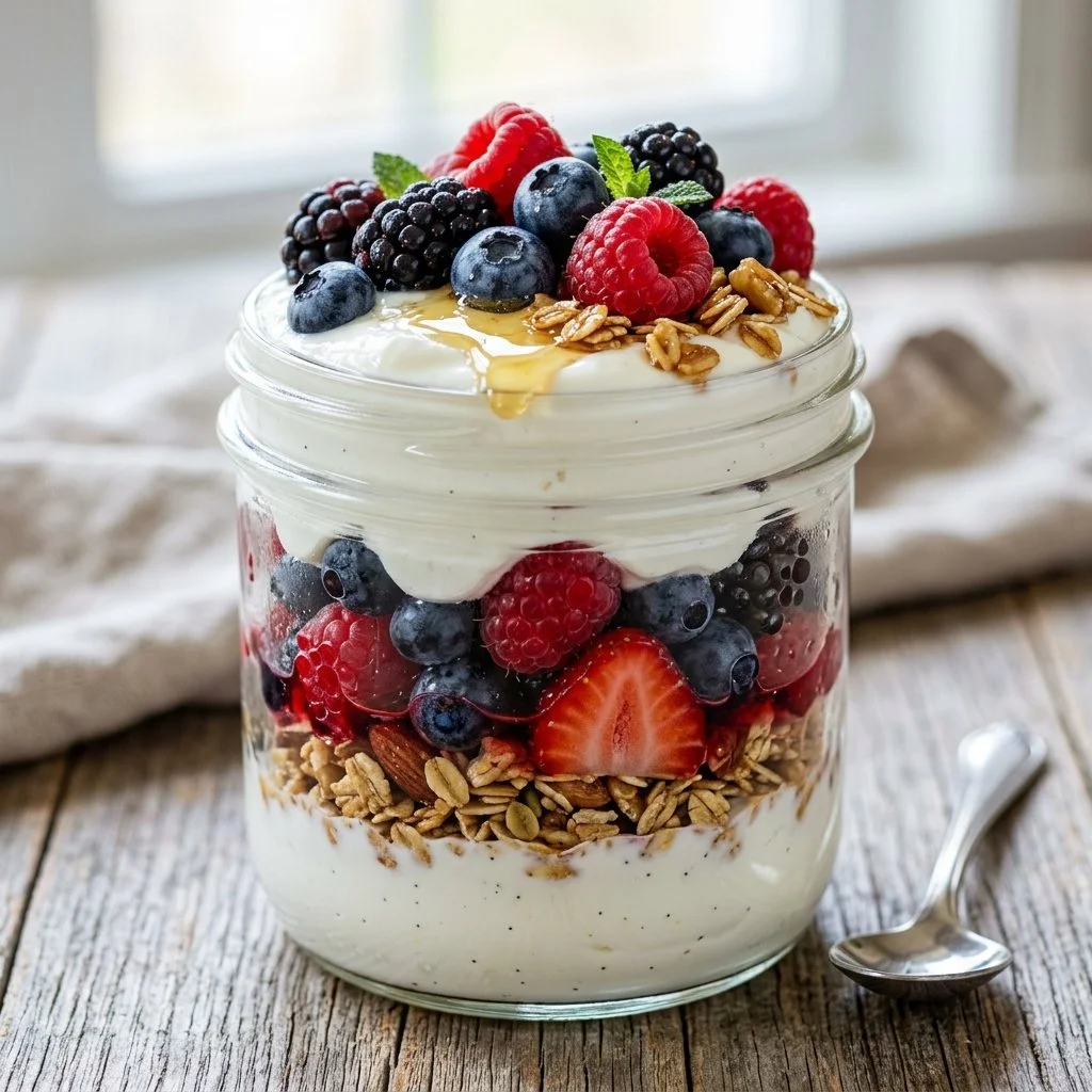 A colorful Greek Yogurt Parfait with layers of fruit and granola in a glass.