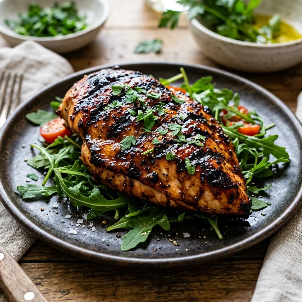 Grilled balsamic chicken garnished with herbs on a white plate