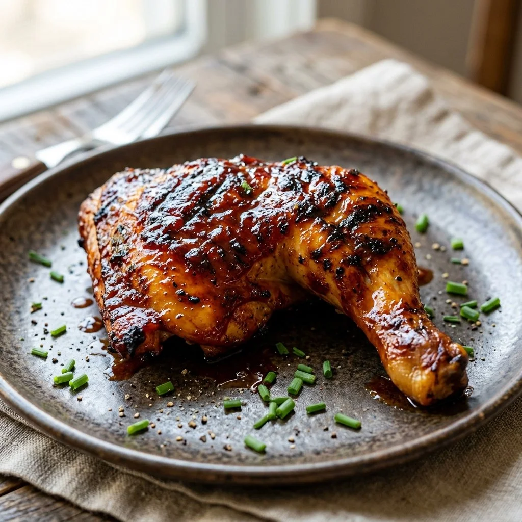 Delicious grilled BBQ chicken served on a platter with sides.