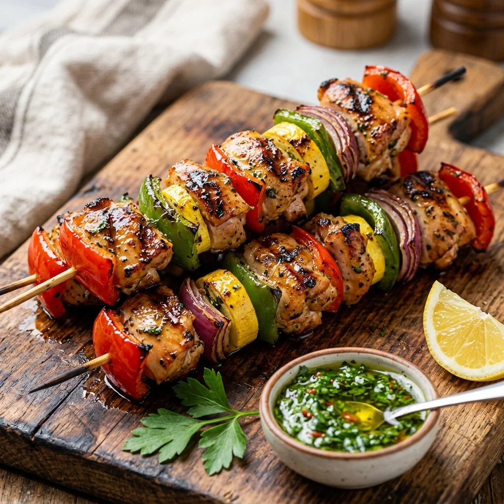 Delicious grilled chicken kabobs served on skewers with colorful vegetables