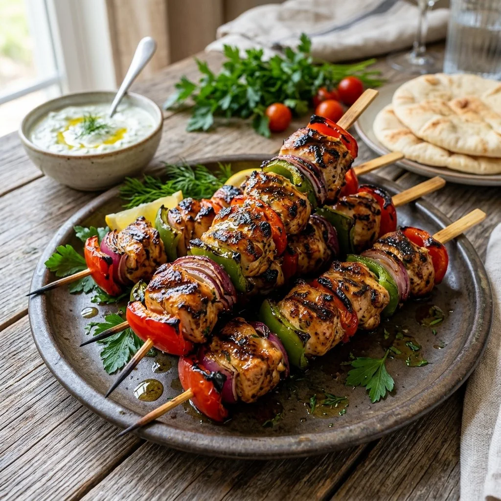 Delicious grilled chicken skewers on a platter with vegetables.