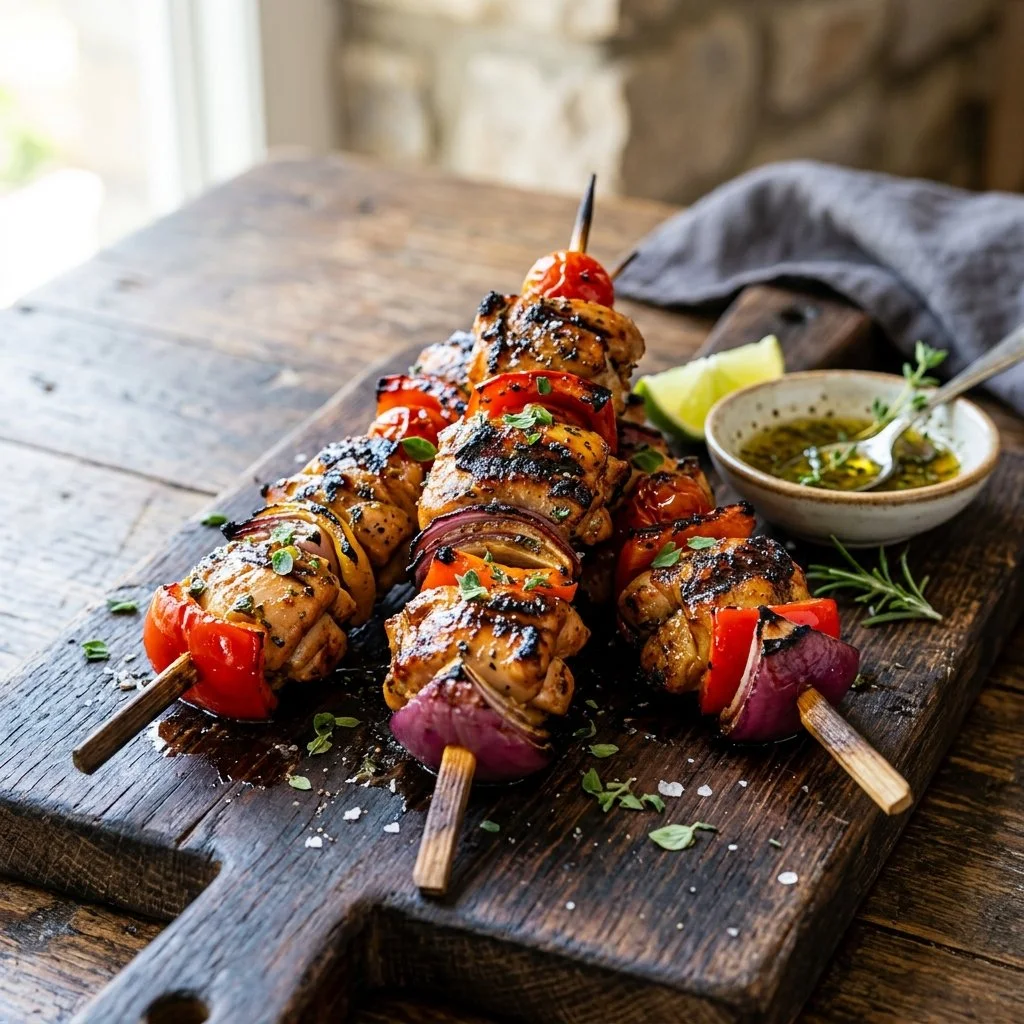 Delicious grilled chicken skewers seasoned with herbs and spices on a barbecue grill