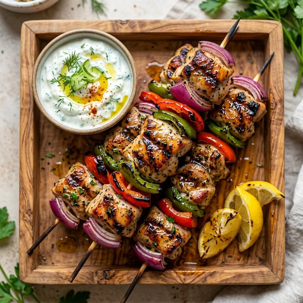 Delicious grilled Greek chicken skewers marinated with herbs and spices