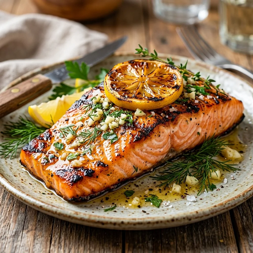 Grilled lemon garlic salmon served on a plate with fresh herbs.