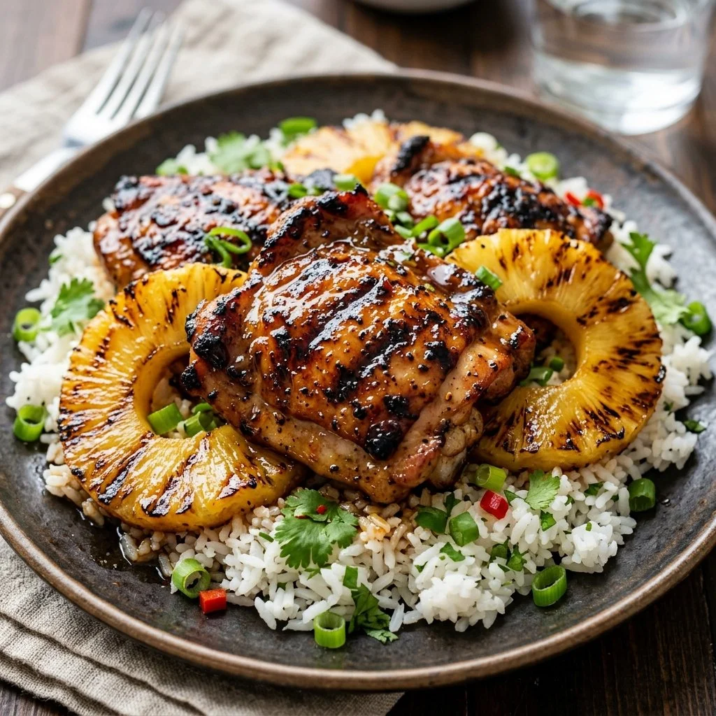 Delicious grilled pineapple chicken served with fresh herbs on a plate