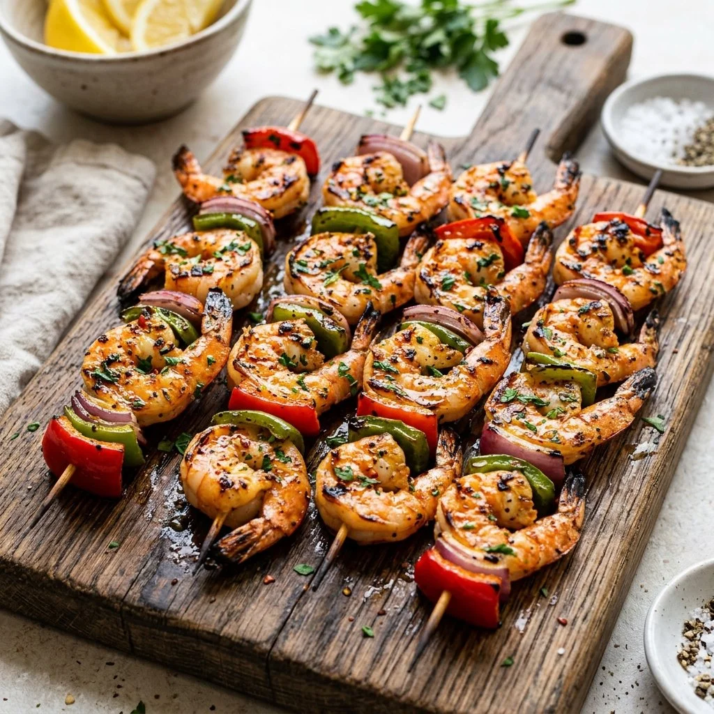 Grilled shrimp skewers with vibrant colors on a serving platter