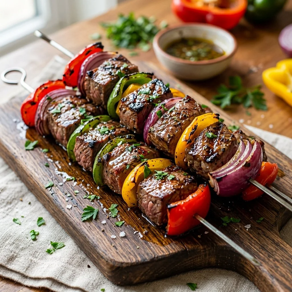 Delicious grilled steak kabobs served with vegetables on skewers