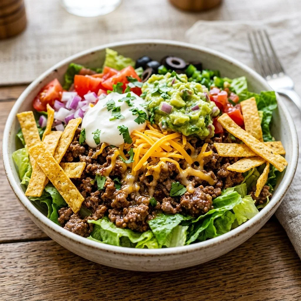 Ground Beef Taco Salad with fresh toppings and ingredients served in a bowl.