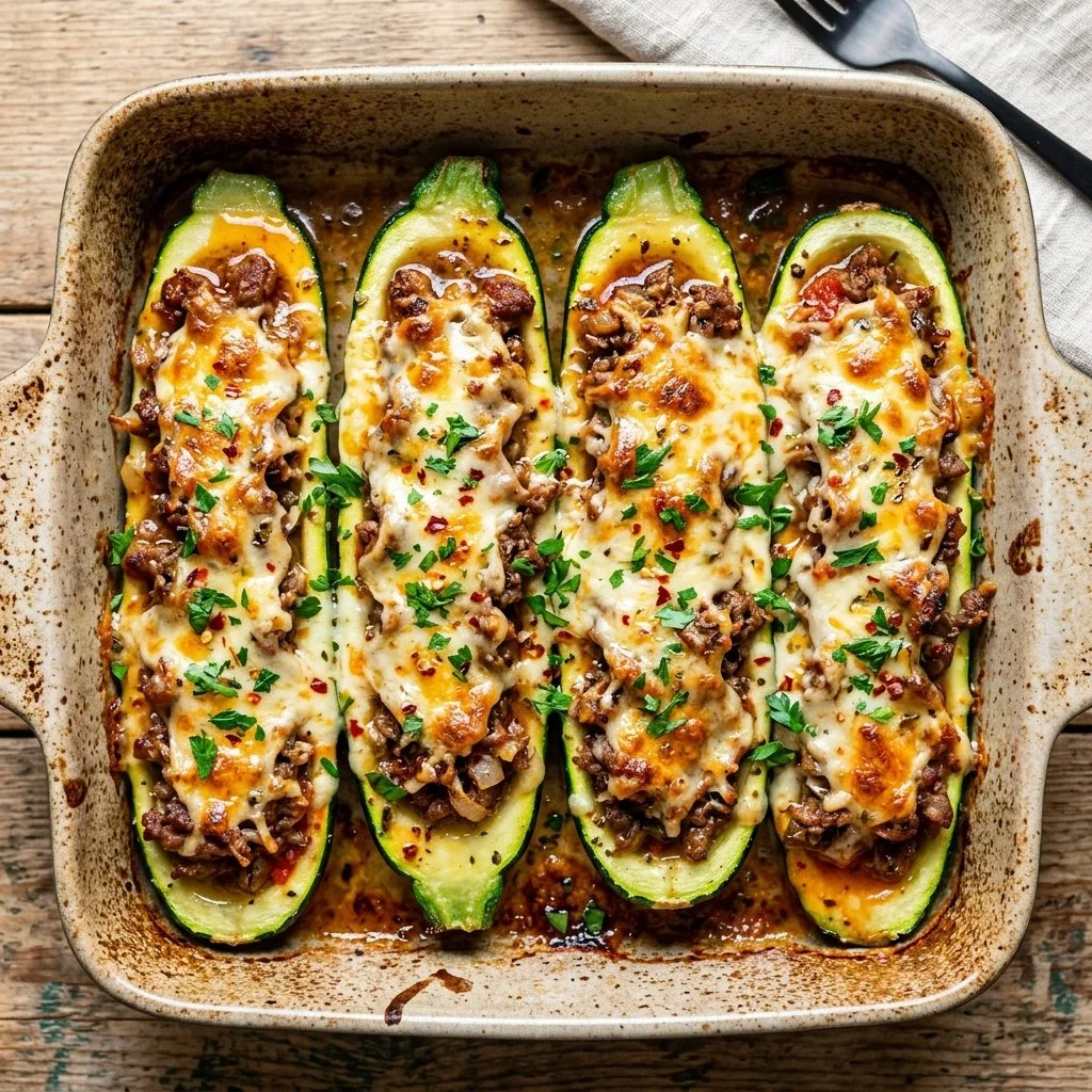 Ground Beef Zucchini Boats filled with savory meat and topped with cheese