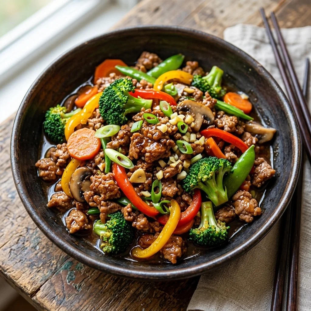 Ground turkey stir fry with colorful vegetables in a skillet
